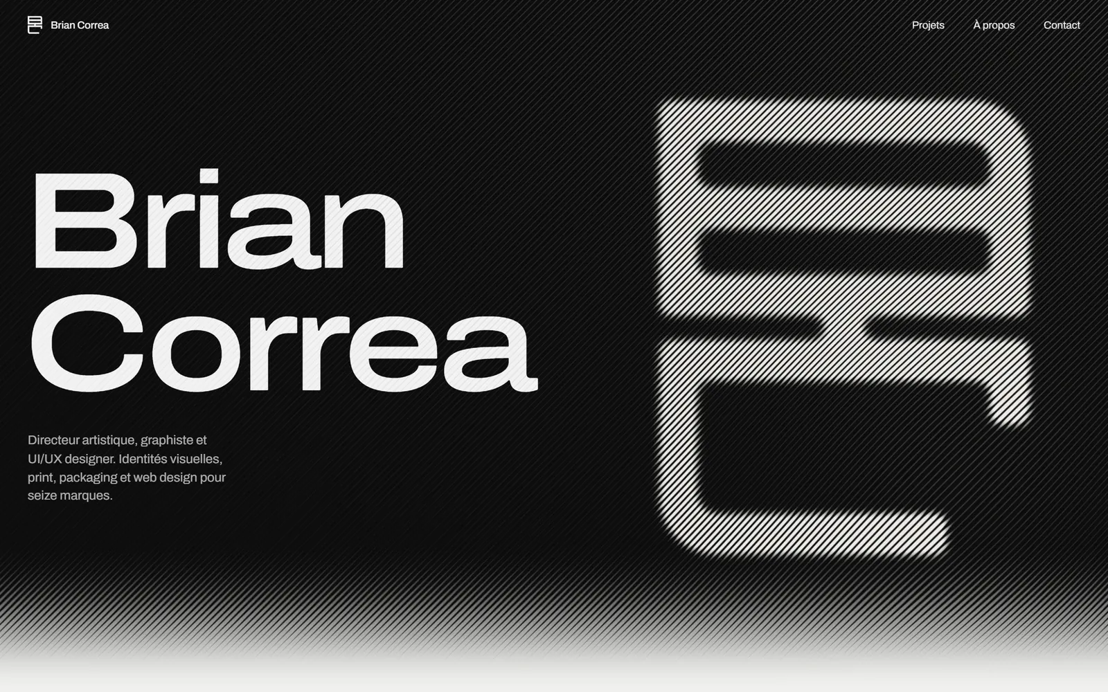 Portfolio de Brian Correa, couverture : la trame diagonale du book et le monogramme BC.