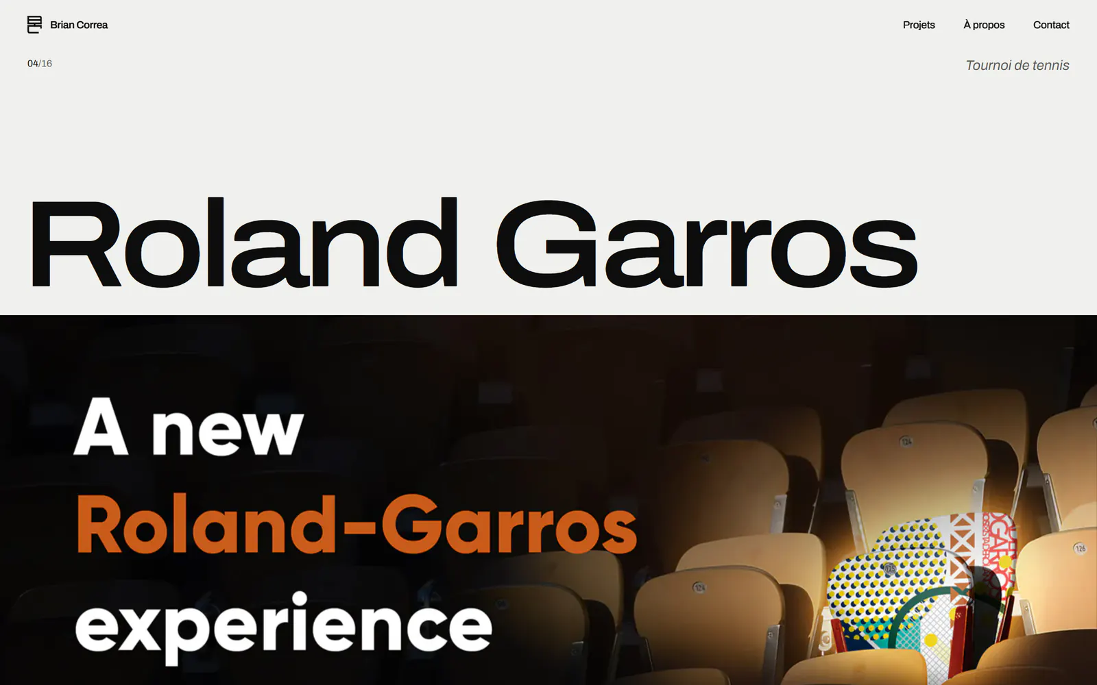 Une page projet, Roland-Garros : titre et visuel principal posés sur la grille.