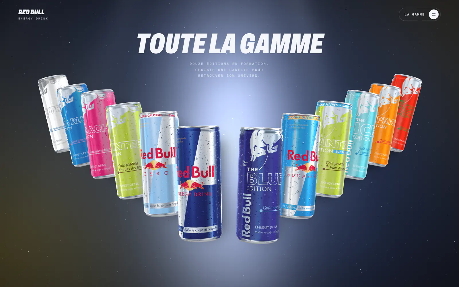 Toute la gamme : douze canettes disposées en ailes.