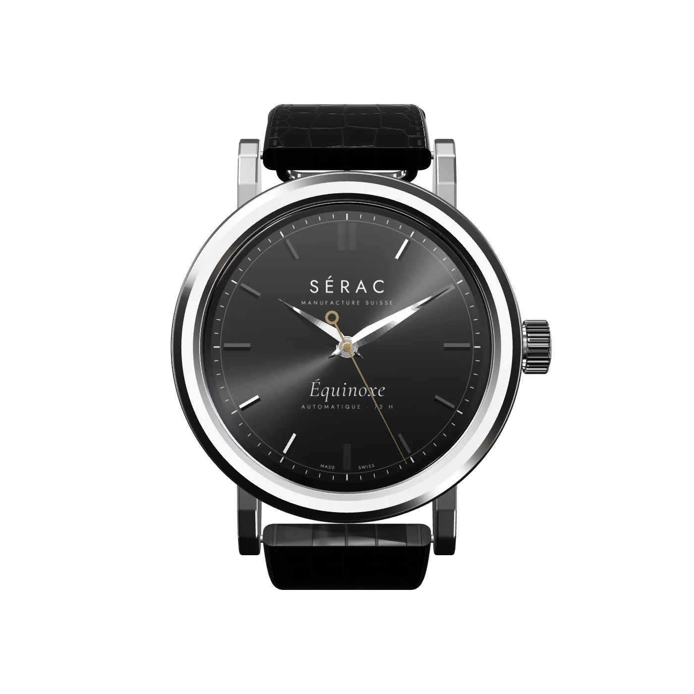 La montre Sérac Équinoxe, de face : cadran anthracite soleillé, boîtier acier, bracelet alligator noir.